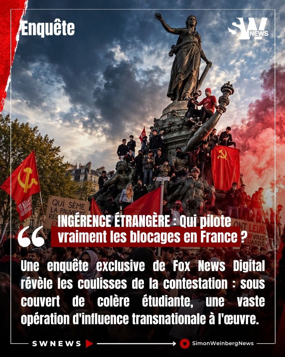 SlMONWEINBERG's tweet photo. 🔴🇫🇷🔎| ENQUÊTE > REVELATION EXPLOSIVE : Comment la Chine et les réseaux de propagande de l'extrême gauche mondiale détournent les blocages étudiants en France. 🚨 

◾️Une investigation majeure de Fox News Digital révèle les coulisses de la déstabilisation de nos universités. Ce qui est présenté par les médias comme une contestation étudiante contre des coupes budgétaires est en réalité la vitrine d'une opération d'influence transnationale coordonnée. 

Les révélations clés du dossier :

🎭 La mascarade représentative : Sur 50 organisations passées au criblage par la journaliste Asra Nomani à Paris, seulement 15 sont des groupes étudiants. Les 35 autres ? Des syndicats (12), des partis comme LFI et le PCF (4), des groupuscules communistes (8) et des collectifs pro-palestiniens ou décoloniaux (comme le PIR).

🇨🇳 Le financement sous pavillon chinois : Au cœur du réseau se trouve Neville Roy Singham, un milliardaire américain basé à Shanghai. Via son écosystème financier pro-PCC (China/PCC-aligned), il alimente des officines comme le People's Forum ou BreakThrough News, chargées d'orchestrer la propagande mondiale.

🎥 Amplification et guerre de l'information : Des vidéos tournées à Saint-Denis ou sur les campus parisiens sont immédiatement relayées par des relais du réseau (teleSUR, l'influenceur marxiste Hasan Piker, BreakThrough News) pour cumuler des millions de vues et attiser le ressentiment anti-police à l'international.

🌍 Une convergence idéologique mondiale : La cause étudiante française est instrumentalisée au sein d'une « alliance rouge-verte » liant guerre des classes, rhétorique anti-OTAN, propagande anti-Israël et connexions internationales (de Paris jusqu'aux mobilisations en Inde).

📌LFI, le PCF et les syndicats ne défendent pas les étudiants : ils collaborent avec une machine d'influence étrangère destinée à subvertir nos institutions. 

#FoxNews #IngerenceEtrangere #Enquete #LFI #Propagande