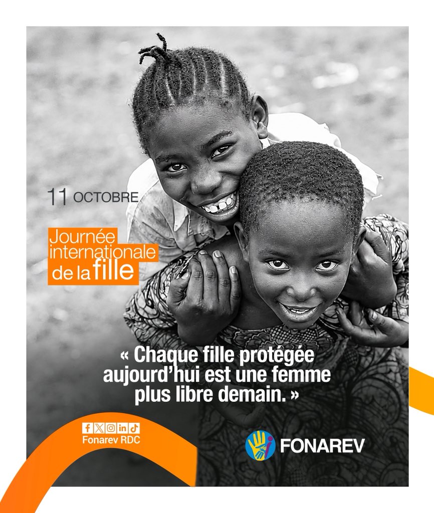 FonarevRDC's tweet photo. Dans les zones touchées par les conflits, les filles comptent parmi les personnes les plus exposées aux violences, aux déplacements, à la déscolarisation et à la perte de leurs repères. 
 
Protéger leurs droits, leur garantir l’accès à l’éducation, à la santé et à un environnement sûr, c’est leur permettre de reprendre possession de leur avenir. 
 
En cette Journée internationale de la fille, le FONAREV réaffirme son engagement en faveur d’une réparation qui protège, restaure la dignité et ouvre de nouvelles perspectives aux victimes. 
 
Chaque fille mérite de grandir en sécurité, de rêver et de construire librement son avenir. 
 
#FONAREV #PlusJamaisSeuls #JournéeDeLaFille #Réparations #Dignité