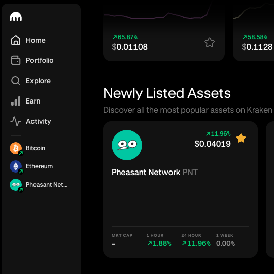 PheasantNetwork's tweet photo. $PNT has been featured in the Newly Listed Assets section on Kraken and Kraken Pro!🔥

More visibility for Pheasant Network as $PNT reaches traders across one of the world's leading crypto exchanges.

Check us out on @krakenfx!
https://t.co/7slcFhb35I https://t.co/LOSjHJapym