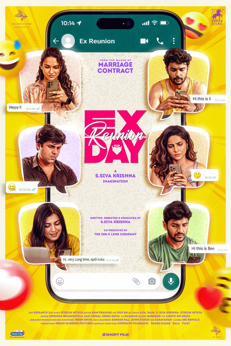 DreamWarriorpic's tweet photo. Old memories. Familiar faces. Unexpected feelings. ❤️

Here is the First Look of 
#ExReunionDay 

@s_siva_krishna @prabhu_sr @ananthnag24 @MikeAndMuscle @RKG_actor @misha_ghoshal @sterlinnithya @ilasri @ramprakash7cine @samvishal0928 @sireeshabh @ColoristRagavan @lightson_media @Soundvibestudio @SukraFilms #DWPShortFilms #DWPMusic