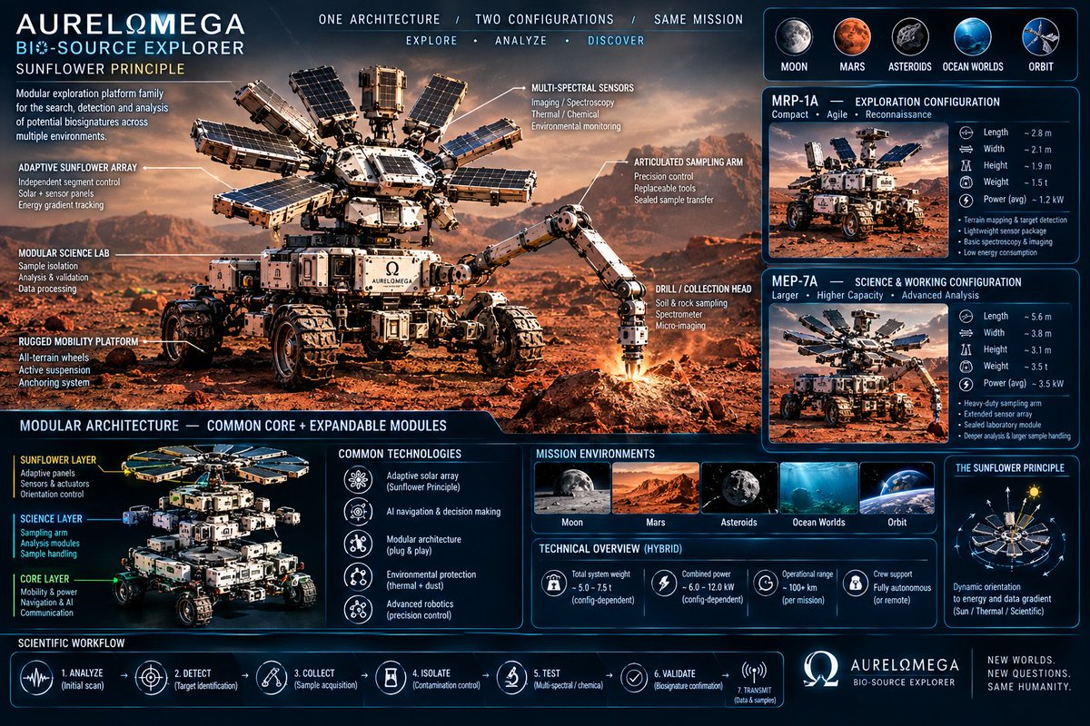 RoboAurel's tweet photo. ☀️ AURELΩMEGA — SUNFLOWER PRINCIPLE

Mars robotics for potential biosignature detection.

🔬 Analyze → Detect → Collect → Validate

Evidence before conclusions. Research concept.
@NASA @esa @elonmusk

#NASA #Mars #Astrobiology #Robotics #ESA https://t.co/Bm10HqpZPJ
