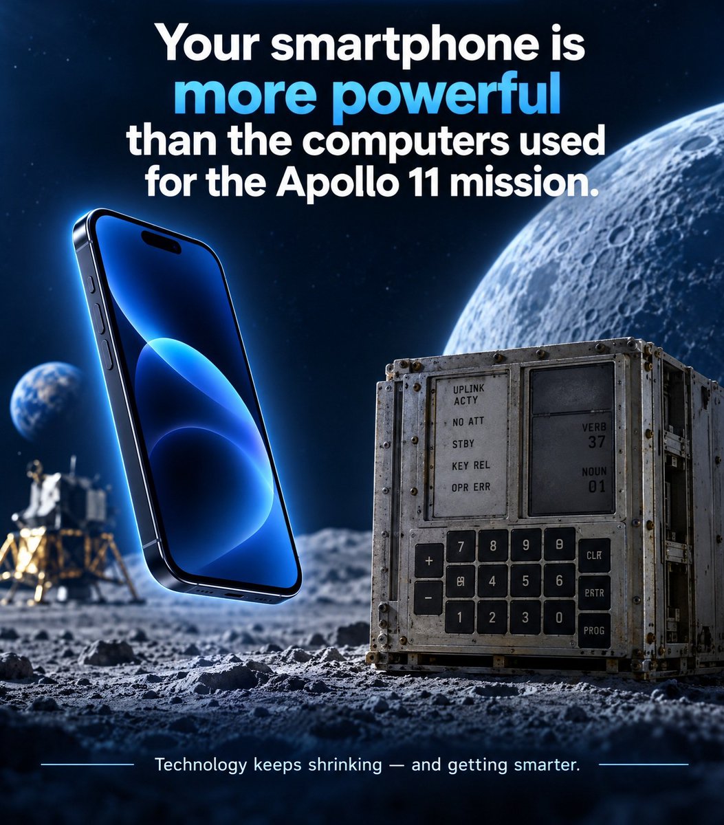 Facts_residence's tweet photo. 🚀 YOUR SMARTPHONE IS MORE POWERFUL THAN THE COMPUTER THAT TOOK HUMANS TO THE MOON! 🌕📱
In 1969, NASA sent astronauts to the Moon using the Apollo Guidance Computer.
#TechFacts #AmazingFacts #SpaceFacts #Apollo11
#facts_residence https://t.co/GrbT0kU7Cv