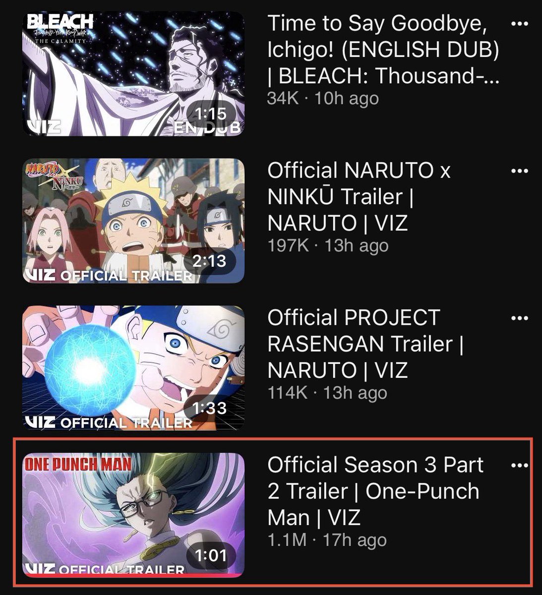 OPMHypeGuy's tweet photo. Bandai isn’t realizing the GOLDMINE they’re sitting on. Look at the views compared to NARUTO and BLEACH

Or maybe they do realize it and are purposely making a bad product cause they know folks will eat it up anyway https://t.co/XSqtdvj8Pr