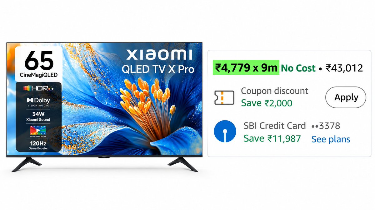 TechyBoostDeals's tweet photo. Xiaomi X Pro 65" (164 cm) 4K QLED TV at ₹43,013

https://t.co/eN0c8N0k6N

✅ Apply ₹2,000 Coupon
✅ ₹11,987 Off with SBI Credit Card (No Cost EMI) https://t.co/rNg6yLck2p