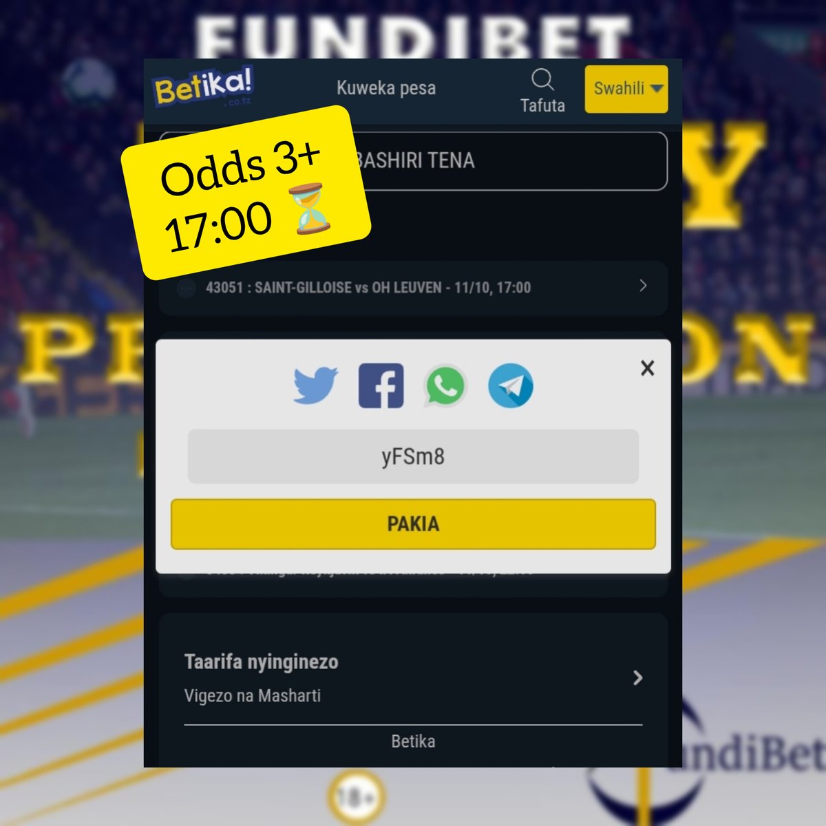 Fundibet1's tweet photo. LINK YA MKEKA HUU ππ½ππ½
https://t.co/tmn1M5ouLG
SUNDAY SUPER TIPS π₯π₯π£
NB
BETIKA INAKUPA CASHBACK KAMA KWENYE MKEKA WAKO UKIKOSA TIMU MOJA
#yangasc #simbasc #daimambele #nguvumoja #diamondplatnumz #davido #betika #netflix #betpawa #betting https://t.co/NdfTM8EfxV