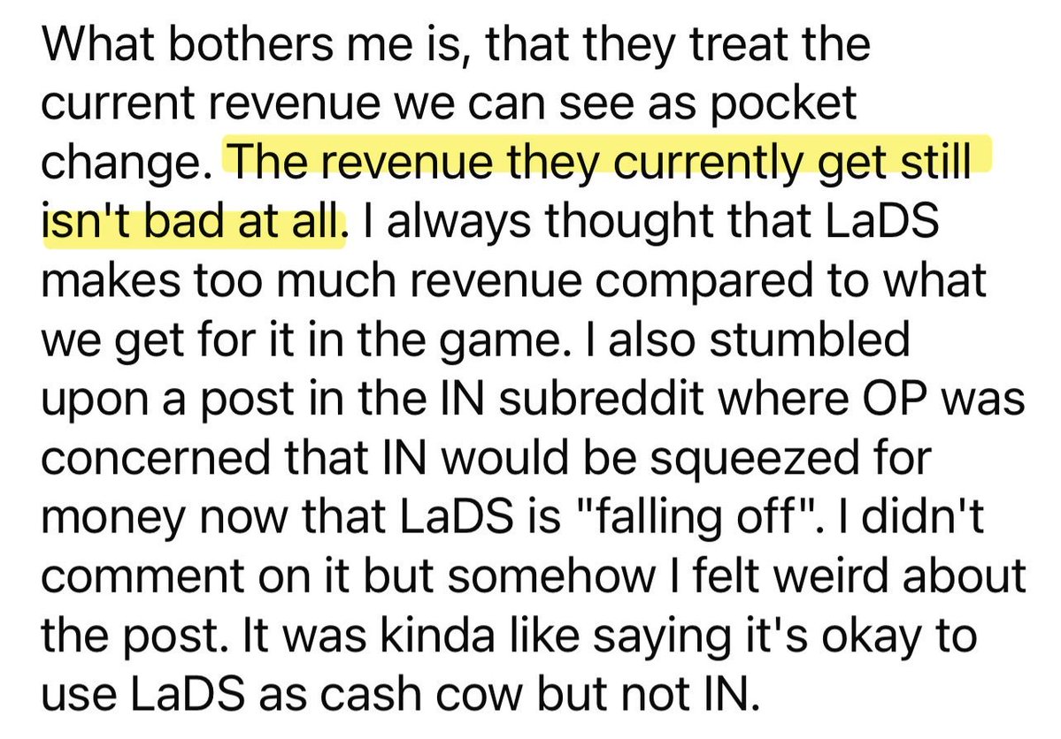 pinkcrispss's tweet photo. as a person working in corporate where sales matters, if the company on average has been making 50mil per month, now dropped 70% revenue every month, that is not good at all. to us players, 10mil looks alot. but to company like infold, its not. we're not the one paying overhead or getting the profits.

whats the first thing company would do if they're losing major profits & couldn't sustain? retrenchment. laying off staffs to downsize operations. im not saying this what infold is doing. just coming from corporate pov, retrenchment is a common standard corporate response when a company is facing major financial loss.

now we can ask ourselves, what if this happens, what will happen to the future of this live service game?