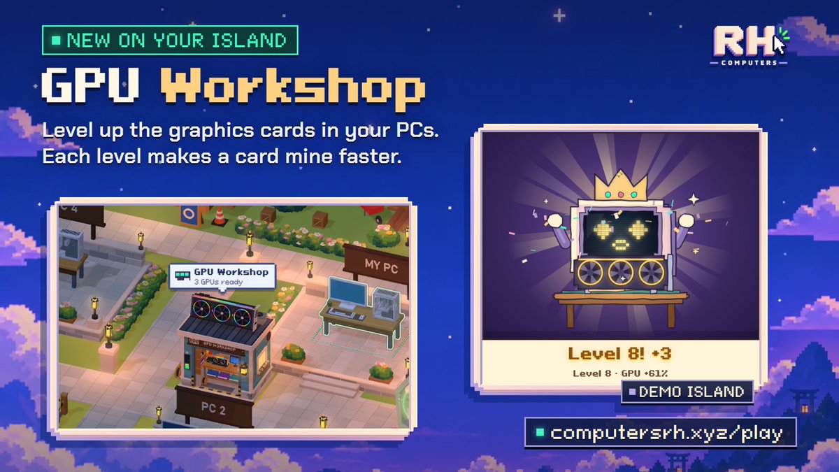 ComputersRh's tweet photo. 🛠️ The GPU Workshop is live!

No new prebuilt. No new graphics card. Level up the card you already have and grow faster than buying new… if luck is on your side 🍀

👇 How it works
Tap the GPU Workshop on your island, pick a graphics card, choose your upgrade style and pay. The upgrade takes 15 min to 2 h, your card keeps mining meanwhile. Then Boot shows the result.

📈 What a level gives
Lv 1: the card mines 12% faster. Each level after: +7% more. Lv 10: +75%.

🎲 Three styles, same price
🔧 Steady: always +1
🎲 Gamble: 50% no change, 50% +2
⚡ Wild: 40% +1, 25% +2, 5% +3 ⭐, 10% no change, 20% −1
Luck matters.
So does risk: only Wild can take a level away 👀

🤖 Boot reacts
A crown, gold rays and a fanfare on +3. A sad trombone on −1 🎺

📋 Rules
• Every card starts at Lv 0 and can't drop below it. Max Lv 10
• The level stays with the card when you move or store it
• Only cards in a PC on a desk can be upgraded
• A try costs 80% of what that card earns in a day at Lv 0, then 50%

Level up your cards 👉 https://t.co/RBb7399gCU

💬 Thanks to your feedback: maintenance is now 50% off.