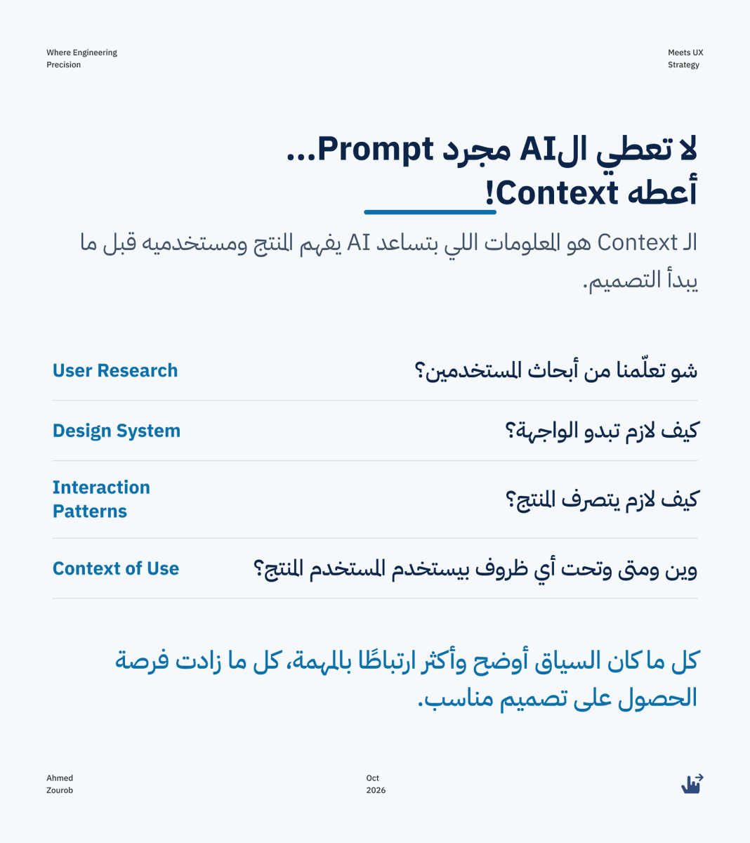 Ahmeduxui's tweet photo. لا تحرق وقتك في تعديل تصاميم AI… عالج المشكلة من البداية!

التصميم ممكن يكون جميل، لكنه مش مناسب لاحتياجات المستخدم.

الحل؟ UX Context Design.

بدل ما تعطي AI مجرد Prompt، أعطه سياقًا واضحًا عن المستخدم واحتياجاته ومعايير التصميم.
#UXDesign #uxui https://t.co/EZmmaJSbGs