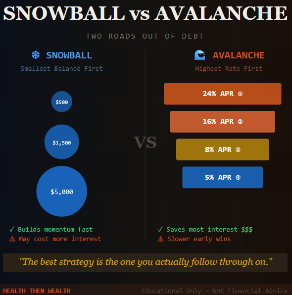 zach6424's tweet photo. โ Snowball = smallest debt first. Builds momentum. May cost more interest.
๐ Avalanche = highest rate first. Saves the most money mathematically.
Both work. The winner? The one you actually stick to.
Which are you? ๐
#DebtFree #HealthThenWealth #PersonalFinance https://t.co/VAdsirBBVk