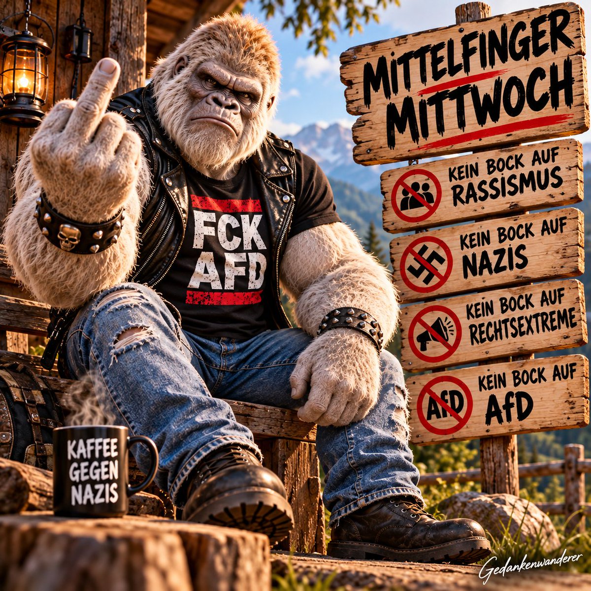 Gedanken1961's tweet photo. Einen wunderschönen guten Morgen liebe Demokratinnen und Demokraten ☀️😃☕️🥰 Heute  ist #mittelfingermittwoch: klare Haltung statt Wegschauen. Kein Platz für #Rassismus, #Nazis, #Rechtsextremismus und die #AfD. #Menschenwürde statt #Hass und #Hetze. https://t.co/ynttT9Pbik