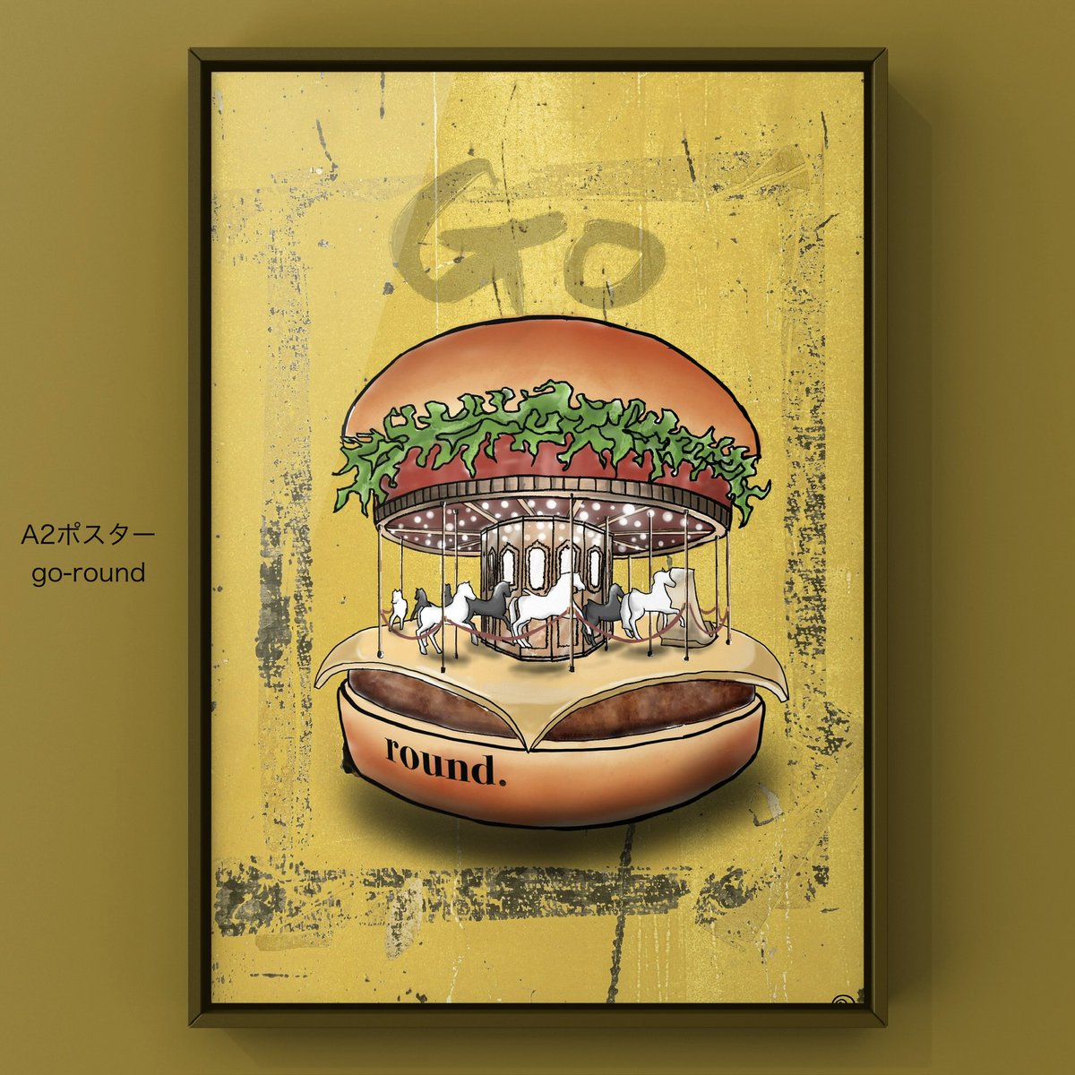 mawanotanimako's tweet photo. 「go-round」
今日からは作ったポスターの紹介です。
メリーゴーランドが🍔に挟まれたら‥。どうでしょう😄
２枚目がイメージで３枚目が実際の写真です👍
#絵描きさんと繋がりたい
#イラスト好きと繋がりたい
#ポスター
#ハンバーガー
#hamburger https://t.co/4agItgK6Az