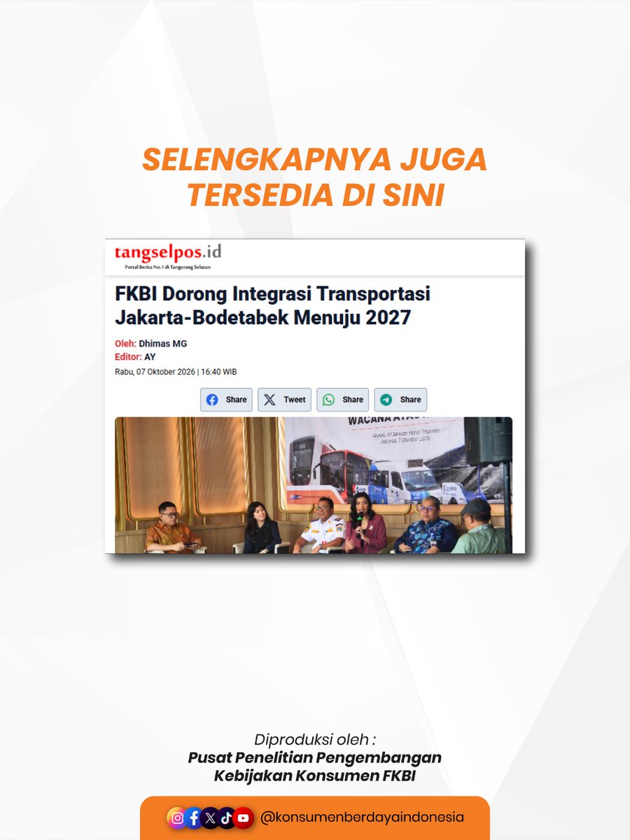 KonsumenBerdaya's tweet photo. Pada Rabu, 7 Oktober 2026, Forum Konsumen Berdaya Indonesia menyelenggarakan FGD bertajuk “Integrasi Transportasi Tahun 2027: Wacana atau Nyata?” untuk mengevaluasi lima tahun implementasi Pergub DKI Jakarta No. 63/2020.

#integrasi #jaklingko #transum #transportasiumum https://t.co/GVIFSwCOnv