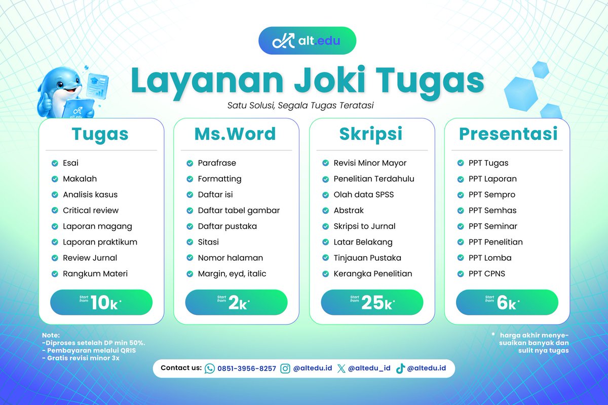 altedu_id's tweet photo. Joki tugas disinii. Yukk yg mau joki formatting rapihin word, tugas uts, analisis studi kasus, cari jurnal inter scopus, penelitian terdahulu, daftar pustaka mendeley, parafrase, ppt sidang, dll bisa wa di bio ya #zonauang #zonaba #jokitugas #jokiskripsi https://t.co/YEX2cI2uu9