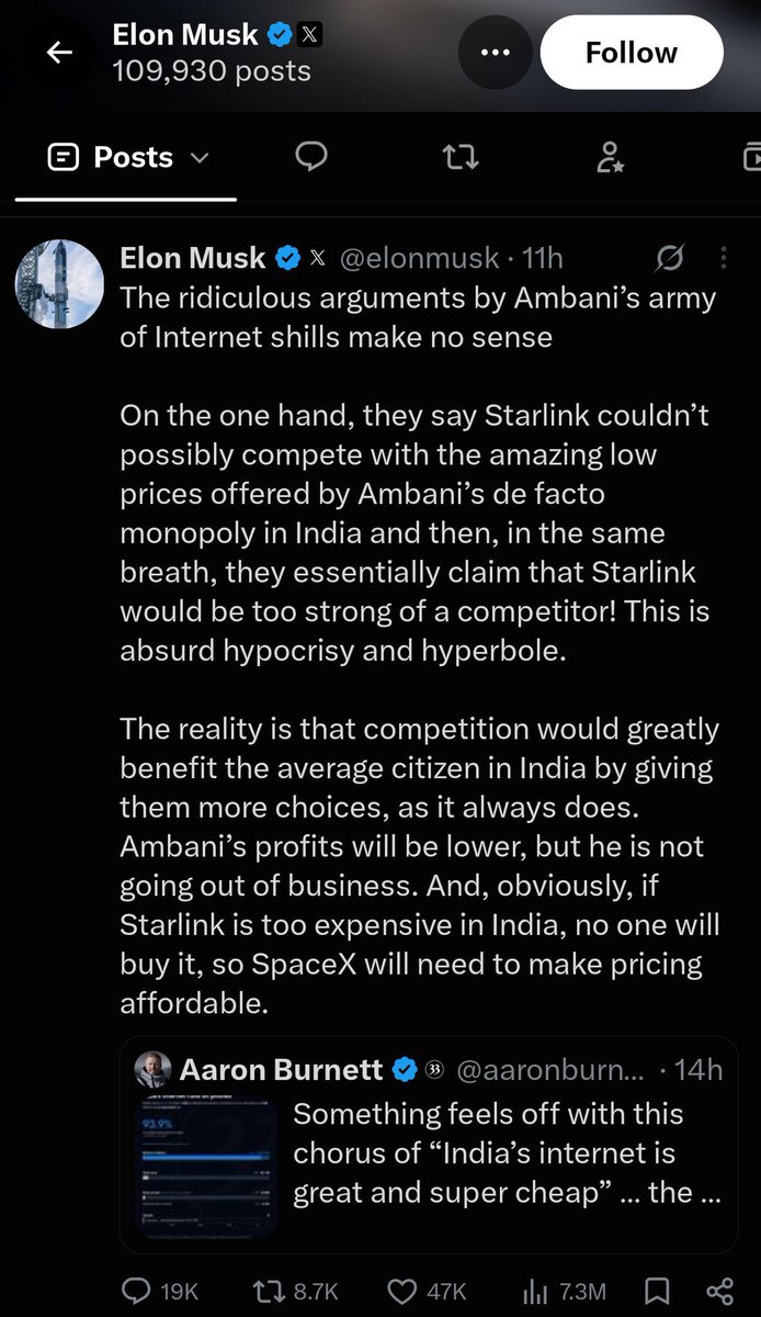 aarushisharmaX's tweet photo. Elon Musk's Starlink India pitch raises a question about business ethics that has nothing to do with whether Starlink is good.

Competition is definitely good for a fair market . Rural connectivity matters. Disaster response matters. I agree with all of it.

But look at the method he is using. 
A businessman wanting regulatory approval publicly addressed a head of government, in a post seen 110M times, on a platform he personally owns. Then he called his critics an 'army of shills,' with no evidence offered.

Ask yourself:

1Would any other founder get 110M impressions for a lobbying pitch? Or is that reach a private advantage nobody else can buy?
2Is it ethical to use a public square you control as a pressure tool in your own commercial negotiation?
3If a newspaper owner ran front-page campaigns for his own business, we'd call it a conflict of interest. Why is it 'free speech' when it's a timeline?
4Calling opponents paid shills is a convenient way to avoid answering their arguments.

Business ethics isn't just about what you want. It's about whether you use power that others don't have, and whether you're willing to argue on a level field.

Starlink may well deserve to compete in India. But that case should be won on merit, not megaphone.

Where do we draw the line? 👇