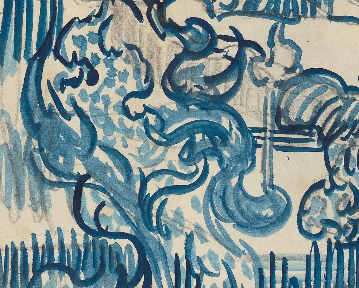 vangoghmuseum's tweet photo. ‘There’s a lot to draw here’, Vincent wrote a day after arriving in Auvers-sur-Oise. 📝 He immediately liked the rural village.
Vincent asked his brother Theo to send him twenty sheets of paper: ‘I would need these anyway so as not to waste any time’. In the meantime, he started work on this painting ‘Landscape with Houses' on paper. Van Gogh began by making a sketch, which he then filled in with watercolour and diluted oil paint. He added the light and dark areas to create a sense of depth. 

Fun detail 🕵️‍♀️ Van Gogh did not follow the underdrawing precisely, so parts of it are still visible. (2+3)

🖼️ ‘Landscape with Houses’, 1890 © Van Gogh Museum
