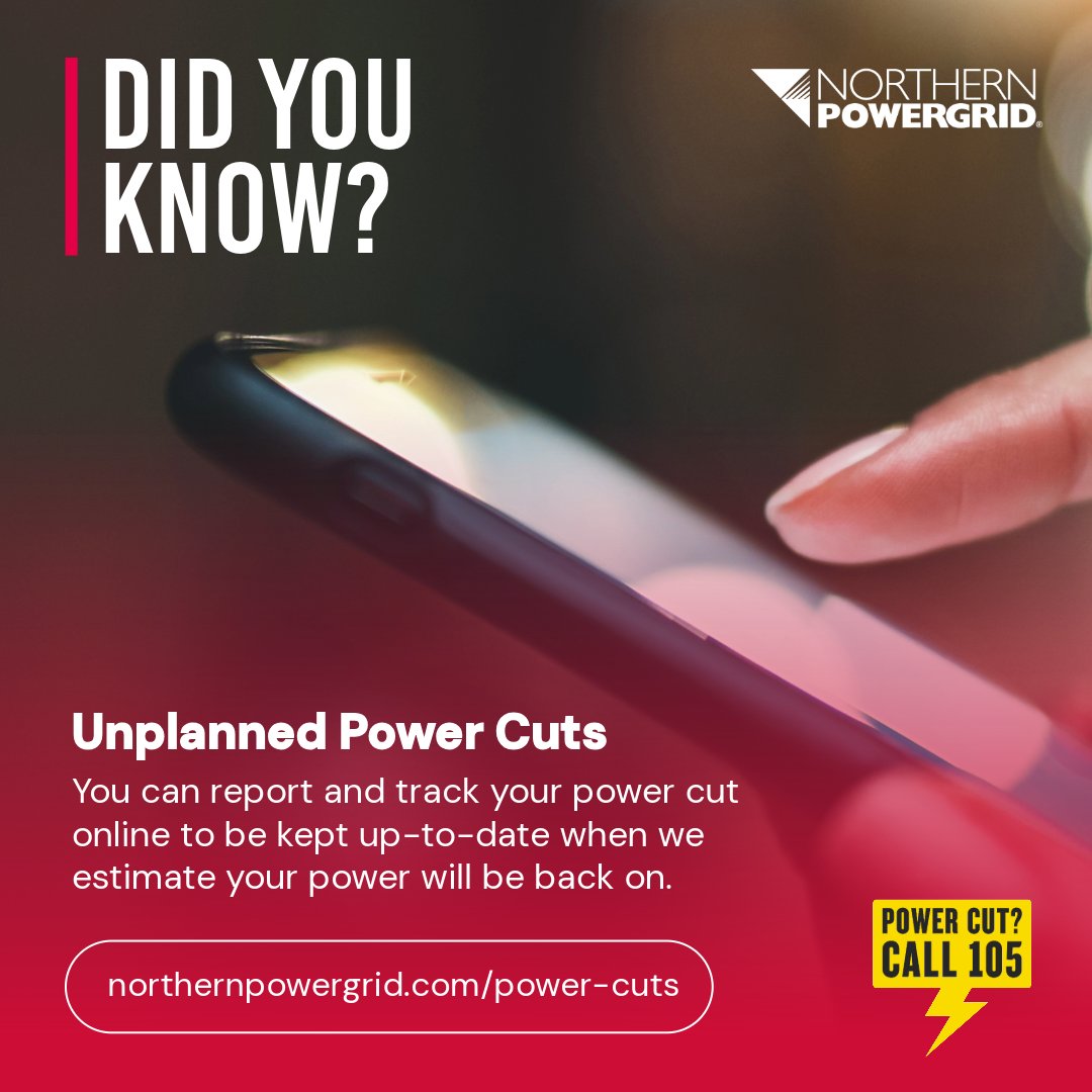 Northpowergrid's tweet photo. If you report your power cut online you'll receive regular updates and can track when we estimate your power will be back on. Our online power cut map provides live information about your power cut. Save time, report online. Can't get online, call 105 📲 https://t.co/GMhBDZBa3V https://t.co/6Qyh6dUWmY