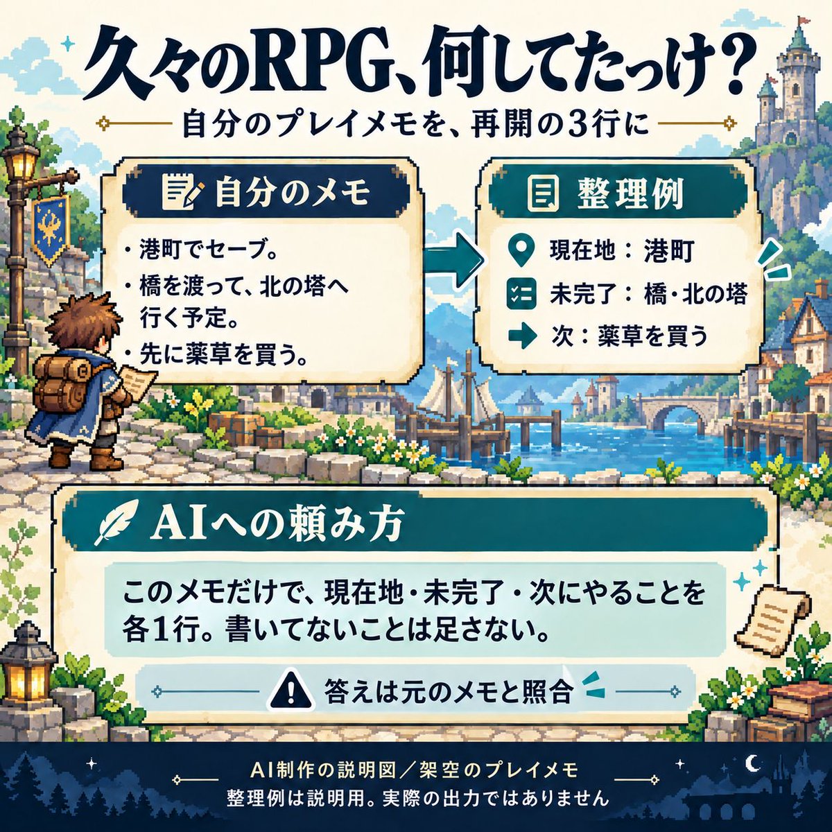 mitarashi_base's tweet photo. 久々のRPG、「何してたっけ？」🎮

Gemini Notebook（旧NotebookLM）に
自分のプレイメモをソースとして追加。

「このメモだけで、現在地・未完了・次にやることを各1行。書いてないことは足さない」

再開前の確認に！
答えは元のメモと照合。
https://t.co/nmGS13fHn4
#AI活用 #ゲーム #RPG https://t.co/KaePyvvTr1