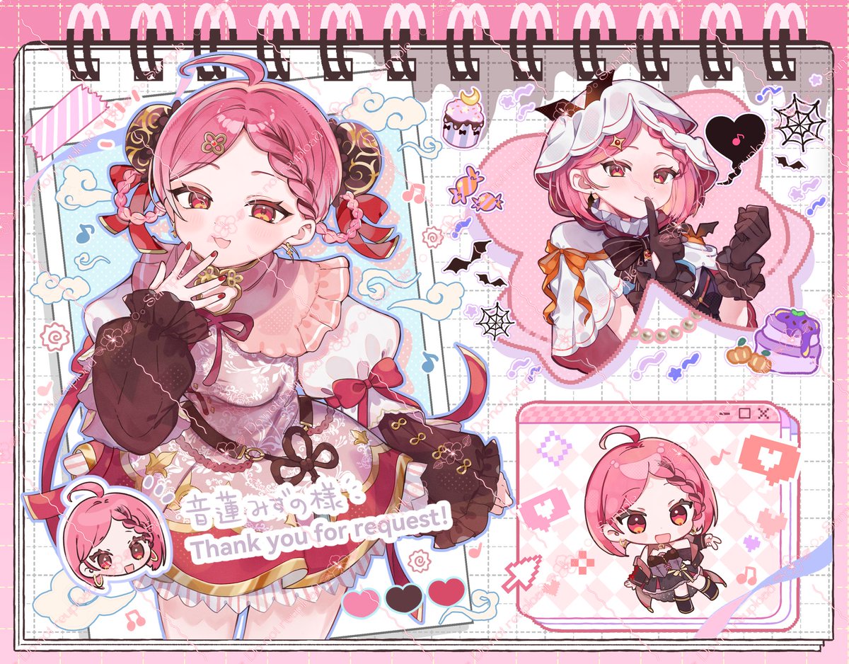 mizuno__uta's tweet photo. ♥︎︎••┈┈┈┈••♥︎︎

　　　　    #イラスト 公開

　　　　　　　　　　　♥︎︎••┈┈┈┈••♥︎︎

めっっっちゃかわいい！！詰め込みイラスト！！！！
チャイナ衣装からハロウィン衣装！！
そして、ミニキャラも！！！！！

ノートに私がいっぱいいて最高！！！
激かわ🩵
#skeb https://t.co/g9bfsK7QDZ