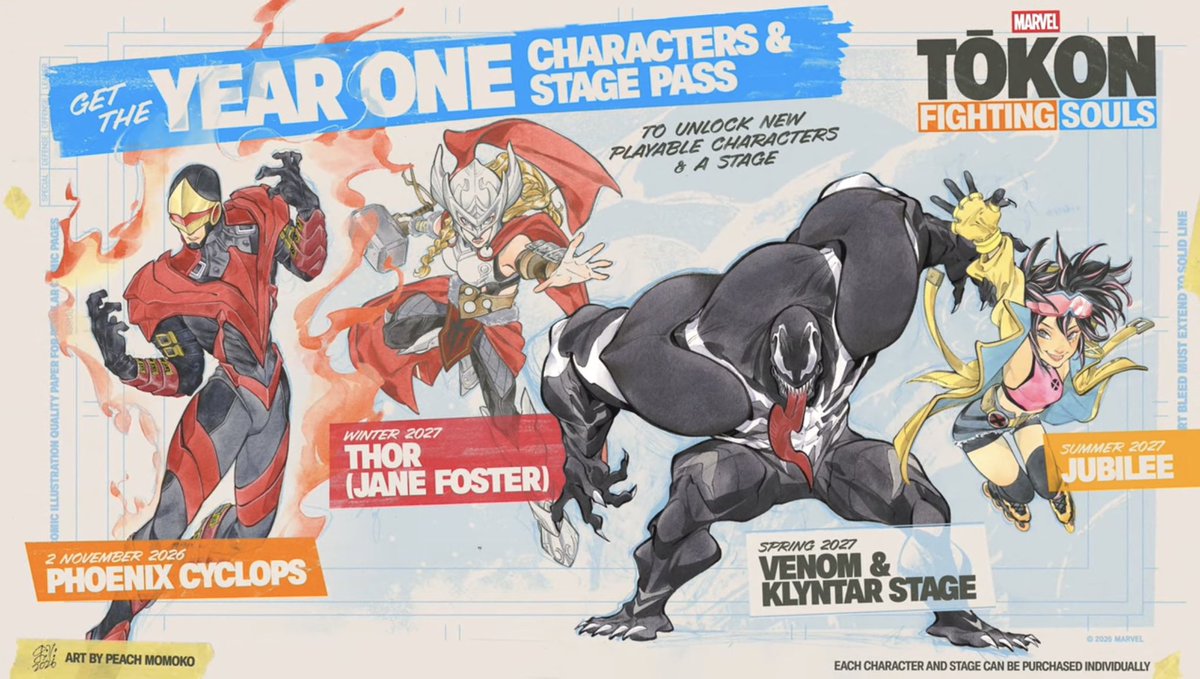FGAnniversaries's tweet photo. The full Year 1 lineup for Marvel Tokon: Fighting Souls has been announced, featuring Phoenix Cyclops, Thor (Jane Foster), Venom, and Jubilee. https://t.co/FNgUNAEsxL