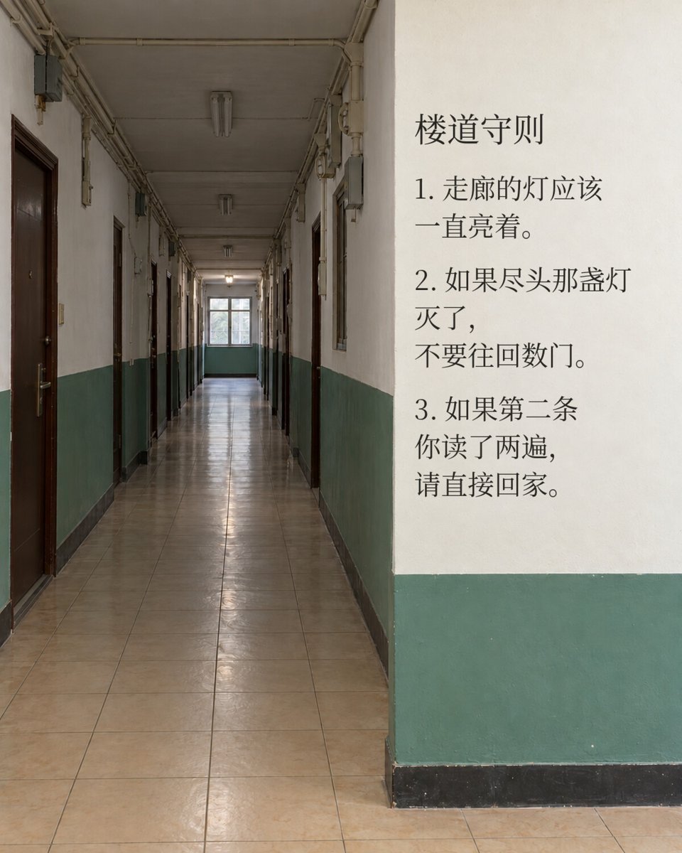 dwj6828's tweet photo. 走廊规则牌写着：灯应该一直亮着。可图里只有尽头那盏还亮着。

哪一盏不对，你是先看规则还是先看灯？

做法：模型只画无字走廊和一处异常，规则文字是我用 PIL 后期排的
模型：ChatGPT 生图

完整提示词在评论区 https://t.co/APWMmq4VYB