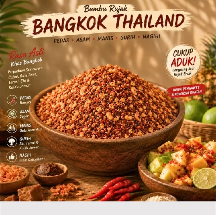 ArioIR's tweet photo. Auto bikin ngiler malam-malam! Bumbu Rujak Bangkok Thailand pemicu boros buah 🤤🥭🌶️

​Rasa pedas, asam, manis, gurih ebi nya nampol banget. Cocok buat colek mangga, nanas, atau jambu. Tanpa pengawet &amp; pewarna buatan!

​Link belinya di komentar pertama ya 👇 https://t.co/nVWBWIC9Z3