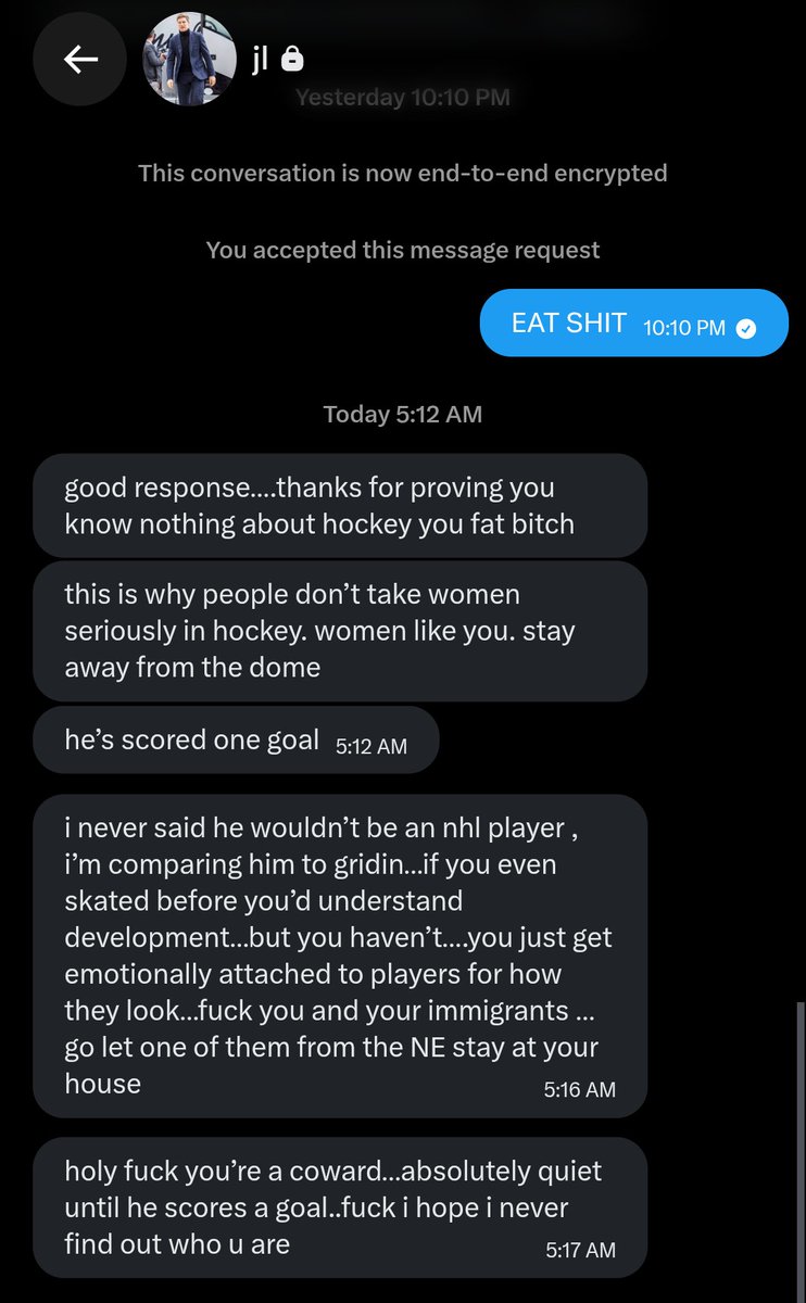 jux_jacy's tweet photo. Getting death threats over a rookie scoring a goal. I love being a woman hockey fan! https://t.co/bEcHQHGWaS