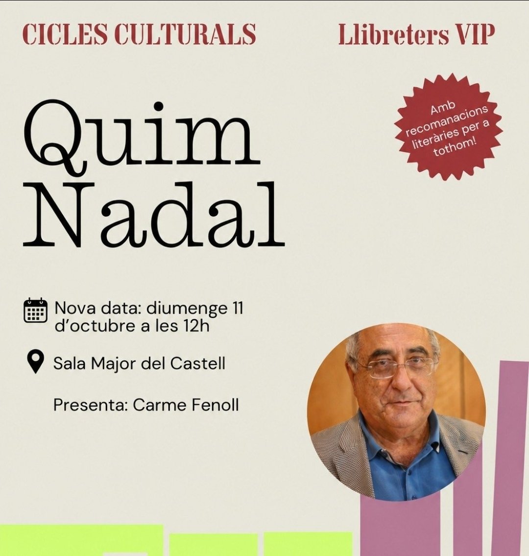 CarmeFenoll's tweet photo. Avui, al #LlibreterVIP de Calonge, @quimnadal ens ha obert les portes de la seva autobiografia lectora. De Vivens Vives i Pierre Vilar a George Steiner, passant per Tony Judt, Estellés, Josep Pla i Prevelakis. Història, poesia, ciutats i memòria. Una tria de llibres que també és un autoretrat. 📚