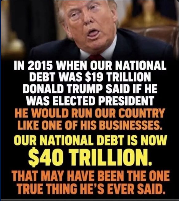 RachelJenkins96's tweet photo. Trump said he’d run America like one of his businesses. The receipt is in:
U.S. debt rose from about $20T to nearly $28T in his first term—and it has now crossed $40T.

Tax cuts, spending hikes, then excuses. This isn’t “winning.” It’s a bill dumped on the public.
#NationalDebt https://t.co/8EAZn0yO2l
