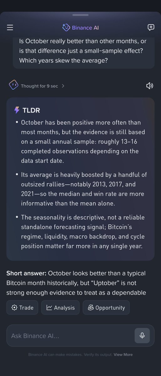 TOUFIK_B21's tweet photo. @binance I chose to put this theory test since it's UPTOBER
๐ต๏ธ "Bitcoin always pumps in October"? Tested with Binance AI.
Verdict: Partly true โ๏ธ
8/11 Octobers green, median +15%, but outliers inflate the average.
#BinanceAI @binance
Here's the results,which were detailed to the mostest! https://t.co/PVhMIqb6wx