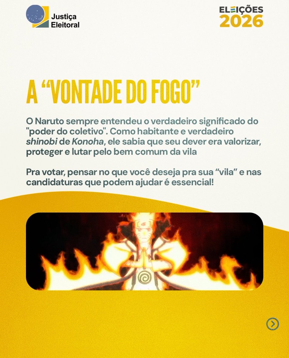 portalborutobr's tweet photo. NARUTO É CULTURA! O perfil oficial do Tribunal Superior Eleitoral (TSE) publicou conselhos eleitorais inspirados em Naruto, conscientizando os brasileiros sobre a importância do voto e da participação política. ❤️⭐️ https://t.co/YnvEpmriO4