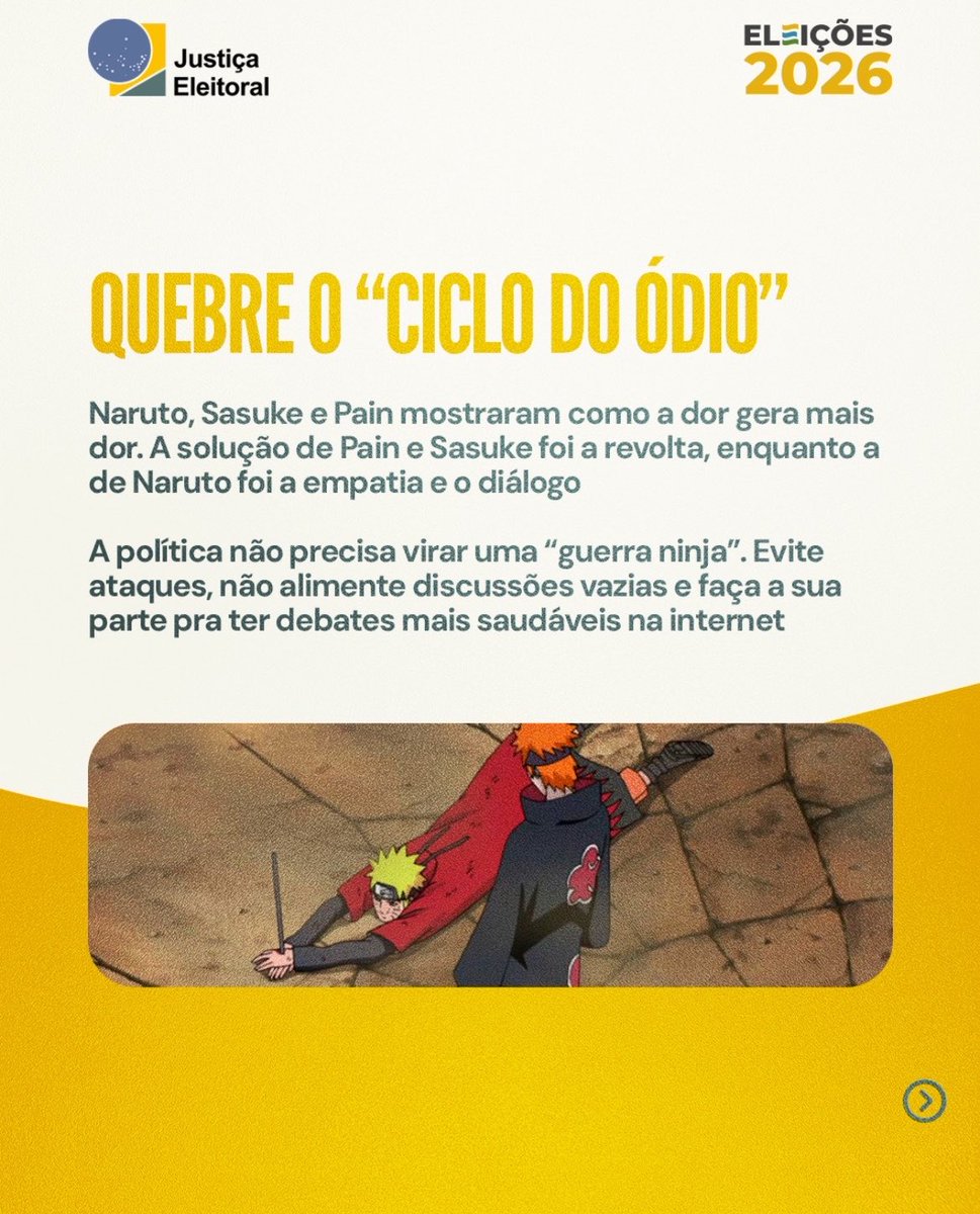 portalborutobr's tweet photo. NARUTO É CULTURA! O perfil oficial do Tribunal Superior Eleitoral (TSE) publicou conselhos eleitorais inspirados em Naruto, conscientizando os brasileiros sobre a importância do voto e da participação política. ❤️⭐️ https://t.co/YnvEpmriO4