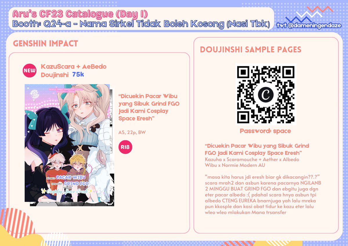 dameningendaze's tweet photo. [ARU'S CF23 PO] (DAY 1 PICKUP ONLY‼️)
🧡 + 🔁 are appreciated!

🪭 Genshin Impact (Kazuscara, Aebedo), Wind Breaker (Togasaku), HSR (Phaidei)
🗓️ PO Period: 11 Oct - 18 Oct
Form: 
https://t.co/uiUxc2FQir
⭕️ Booth: Q-24a - Nasi Tbk

#comifuro23 #CF23 #kazuscara #phaidei #togasaku https://t.co/t6N5BW9xqr