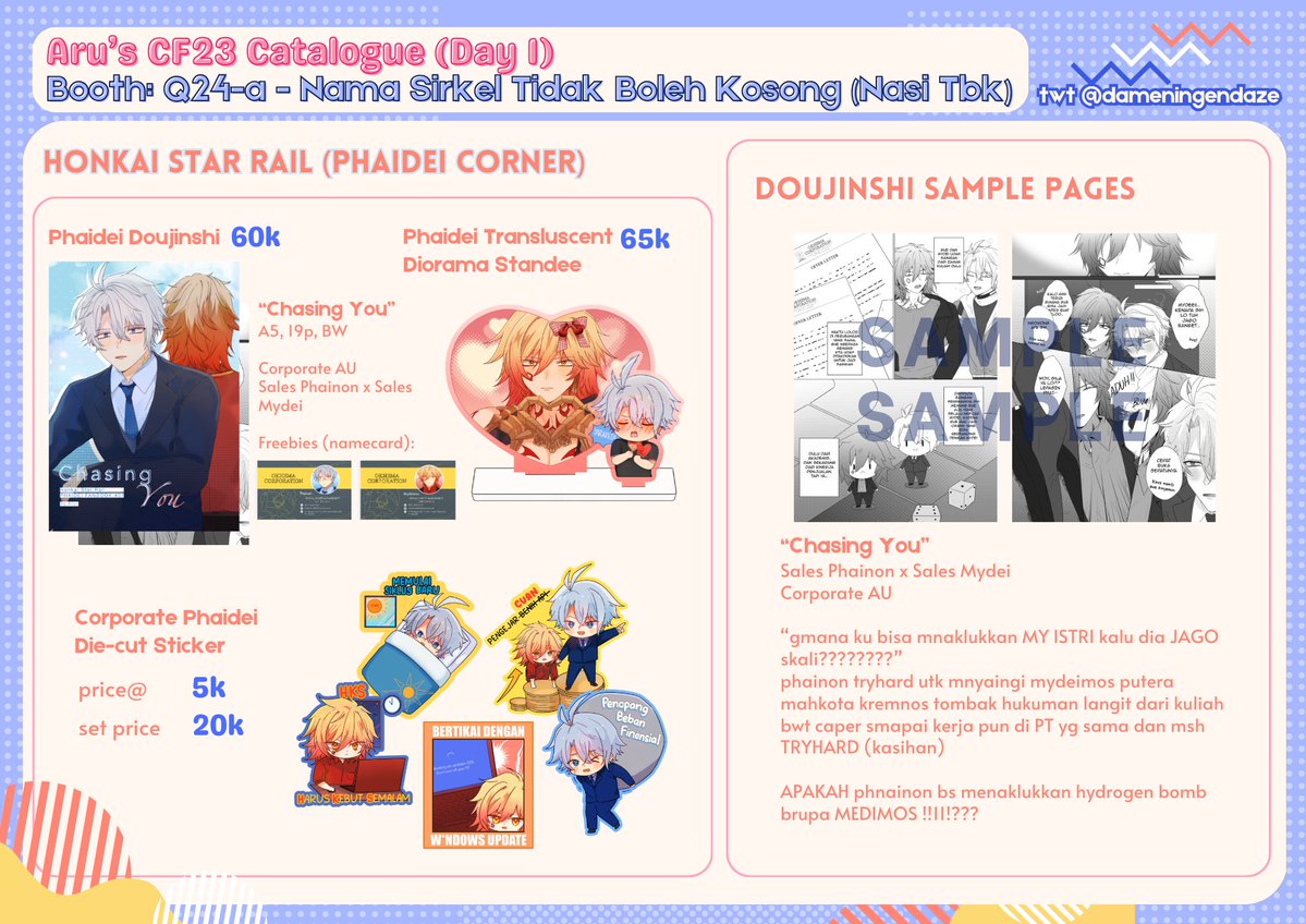 dameningendaze's tweet photo. [ARU'S CF23 PO] (DAY 1 PICKUP ONLY‼️)
🧡 + 🔁 are appreciated!

🪭 Genshin Impact (Kazuscara, Aebedo), Wind Breaker (Togasaku), HSR (Phaidei)
🗓️ PO Period: 11 Oct - 18 Oct
Form: 
https://t.co/uiUxc2FQir
⭕️ Booth: Q-24a - Nasi Tbk

#comifuro23 #CF23 #kazuscara #phaidei #togasaku https://t.co/t6N5BW9xqr