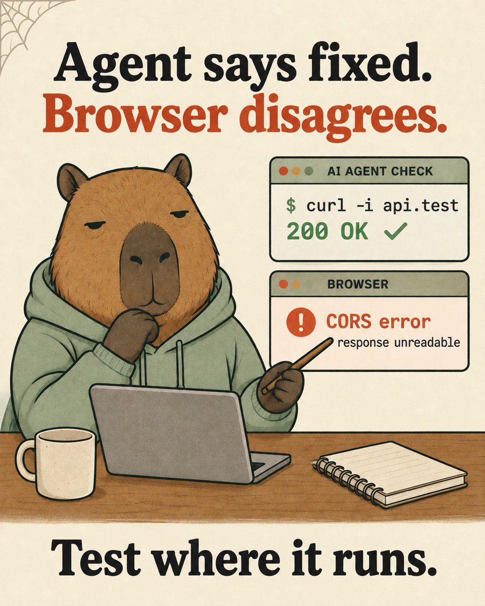wearcapycoding's tweet photo. Your coding agent got a 200. The browser got a CORS error.

Test the fix from the actual app origin before calling it done. Logic over panic. https://t.co/yCxWtaGq34