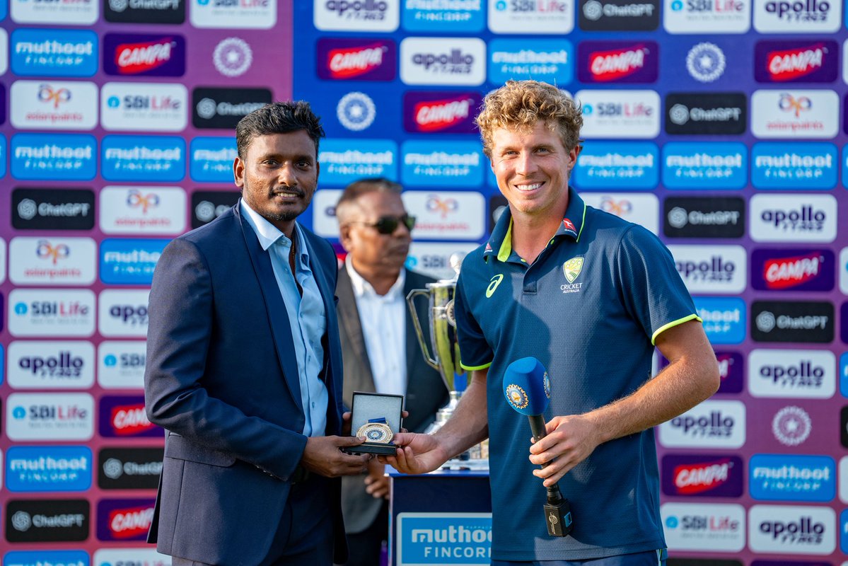 CApondicherry's tweet photo. Nathan McSweeney caps off a fine series by winning Player of the Series. 👏🏻

#CAP #CricketAssociationofPondicherry #PondicherryCricket #INDvsAUS https://t.co/JANRC7eEti
