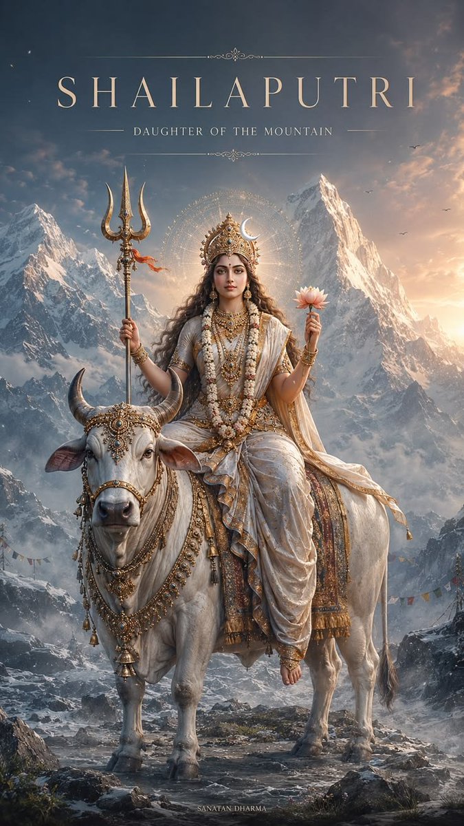 IAmAKattarHindu's tweet photo. 🔸Daughter of the Himalayas and the symbol of unwavering strength —
                      [ Maa Shailputri ]

▫️May her divine blessings bring peace and resilience to our lives. 

• Happy Navratri! ✨🟠🙏🏻

#MaaShailputri #NavratriFirstDay #Navratri2026 #DurgaPuja #SanatanDharma https://t.co/aM35Npqcim