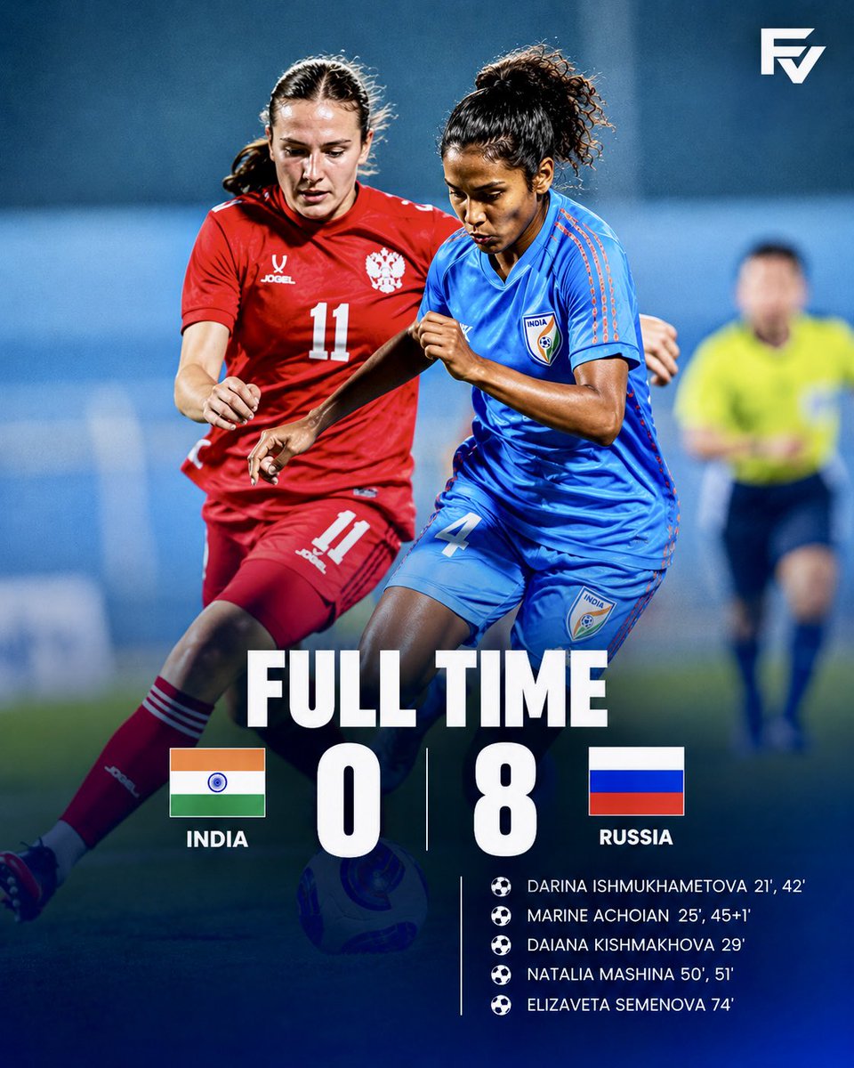 FieldVisionIND's tweet photo. FULL TIME: India 0️⃣–8️⃣ Russia 🇮🇳🇷🇺

A tough outing for the Blue Tigresses at the Kishore Bharati Krirangan in Kolkata, as Russia secure a convincing win. 🇮🇳⚽

#INDRUS #IndianFootball #BlueTigress https://t.co/OuiXuSSByN