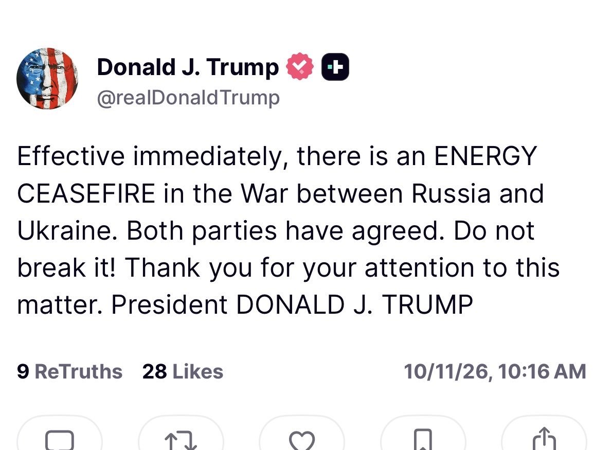 YourAnonCentral's tweet photo. Trump openly lies that there is an "Energy Ceasefire" between Russia &amp; Ukraine.  

Ukrainian officials told FT: “Just now our repair teams are restoring electricity and water supplies in Kyiv [after Russian strikes moments ago]” “Nobody has heard [of the ceasefire].” https://t.co/wdIhm1MgCh