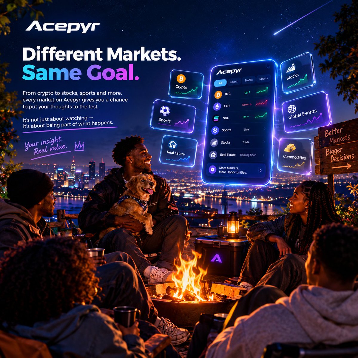 BetEmmy1's tweet photo. A campfire, good company, and a little debate about what happens next.
Now imagine bringing that same energy to prediction markets, crypto, stocks, sports, real estate, and more

Everyone has an opinion, but what happens when you put yours to the test?
That’s the fun of @acepyr https://t.co/pZ3vtq5jQQ