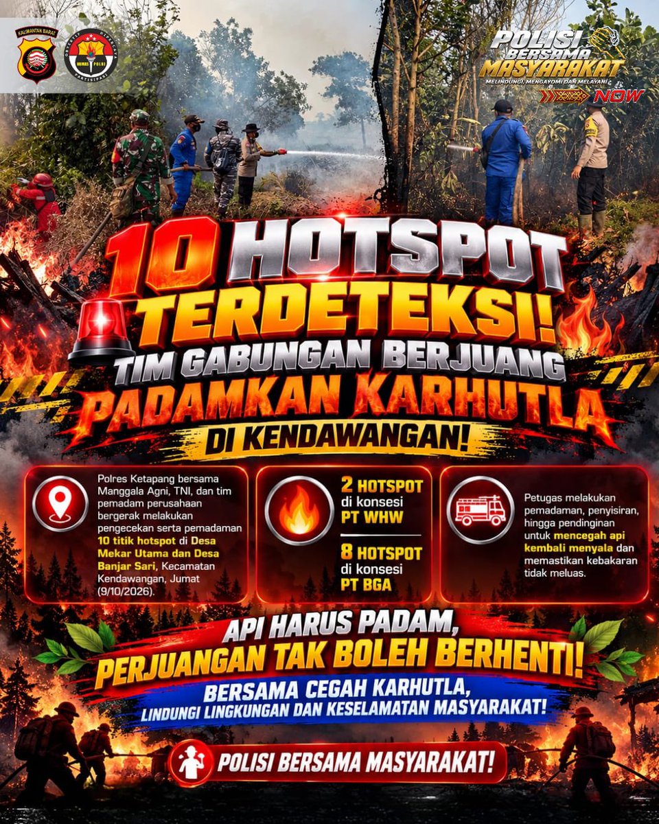 BidhumasKalbar's tweet photo. 10 HOTSPOT TERDETEKSI! TIM GABUNGAN BERJUANG PADAMKAN KARHUTLA DI KEND AWANGAN! 

Polres Ketapang bersama Manggala Agni, TNI, dan tim pemadam perusahaan bergerak melakukan pengecekan serta pemadaman 10 titik hotspot di Desa Mekar Utama dan Desa Banjar Sari, Kecamatan Kendawangan https://t.co/XlWMF9aKbV