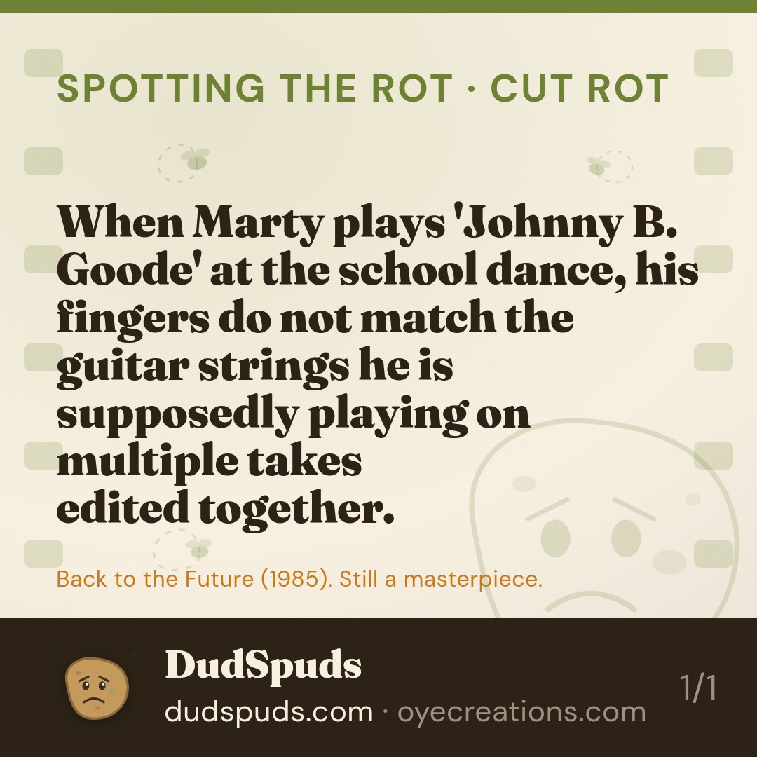 dudspudbud's tweet photo. Marty's fingers don't match the strings across cuts at the school dance. Editing together multiple takes will do that. More human fingerprints, more magic.

#moviegoofs #filmmaking #behindthescenes #dudspuds #rotcount https://t.co/J0eISb4dPy