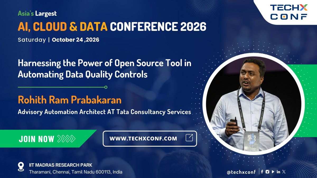 TechXConf's tweet photo. 📊 Harnessing the Power of Open Source Tools in Automating Data Quality Controls

Join Rohith Ram Prabakaran from TCS as he shares a real-world case study on automating data quality controls for financial data pipelines. Discover how an organization transformed a manual process involving 2,000+ database queries across 180+ tables into an automated quality control framework.

Learn how Robot Framework, Python, Hadoop, Oracle, HDFS, and Unix were combined to automate monthly checks for data accuracy, completeness, consistency, and validity across multiple business layers and downstream systems.

🔗 Register Now: https://t.co/a9SK30u2Vn

#TechXConf #TechXConf2026 #DataQuality #DataEngineering #TestAutomation #OpenSource #RobotFramework #Python #TCS