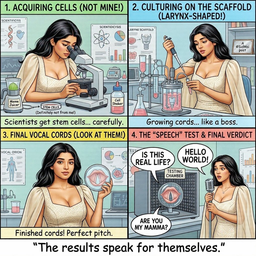 Tweet2Sid's tweet photo. 🔬 Science has a sense of humour.

[ A #MemeEnergy post ]

Scientists grew
human vocal cords
from stem cells.

Tested them.

Checked the pitch.

All well.

😌

The best part?

"The results speak for themselves."

😂

[ An #Oct2026Post by #SidMsi ]

✍️🏼🎨🖌

▫️Revisit for more 👀 https://t.co/m3AT9N8Ppl