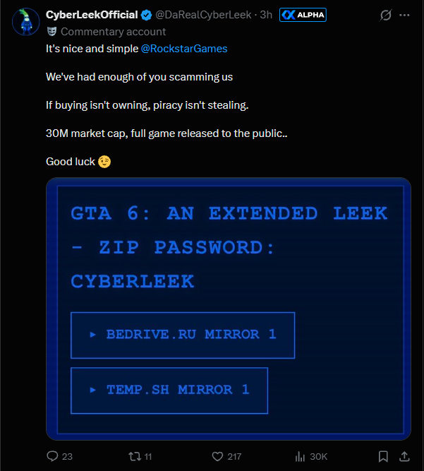 stitchdegen's tweet photo. $CYBERLEEK has been making a pretty strong comeback, and quite a few people have been asking me to take another look at it today

After spending some time reviewing the chart, recent developments, and the story behind the token, I don't think this latest move is just another random pump

That said, this is still a highly speculative memecoin. I find the narrative interesting, but there are several risks worth considering before jumping in

Let's break it down

1. Why is $CYBERLEEK suddenly making a comeback?

The main catalyst is the return of CyberLeek, an individual or group reportedly responsible for leaking GTA 6 content back in August

After more than a month of relative silence, CyberLeek resurfaced around October 8–9 and released another gameplay video lasting approximately 24–25 minutes, featuring scenes involving Jason, Lucia, the map, and various in-game activities

Then, on October 10, they introduced a new statement called "The Offer"

According to their announcement, if $CYBERLEEK reaches a $30M market cap, they claim they will release a fully playable GTA 6 build, including the entire story mode through the ending credits

That's a massive claim, and there's currently no independent evidence confirming that they actually possess a complete playable build

But in the memecoin market, controversial claims alone can sometimes generate enough attention to attract speculative capital

2. The $30M Offer is the biggest catalyst, but also the biggest risk

One thing that caught my attention is that CyberLeek isn't simply promising to release the build once the token reaches a $30M market cap

They are also demanding that Take-Two issue a public apology and release an actual physical copy of the game to prevent the build from being leaked

Essentially, this is a public pressure campaign that uses the GTA 6 community's attention to generate exposure

However, it's important to understand that a $30M market cap doesn't mean CyberLeek would receive $30M in cash. Market cap only represents the token's implied valuation at that moment

I also wouldn't treat the $30M target as a guaranteed commitment. There's no independent mechanism ensuring that CyberLeek will actually deliver on its promise if the token reaches that valuation

3. The voting mechanism is creating short-term catalysts

Another interesting aspect is that CyberLeek is using the token itself to organize community polls about which content should be leaked next

Participants send $CYBERLEEK to the wallet address associated with their preferred option. These tokens are treated as donations to fund the group's activities, rather than staking deposits that can be withdrawn

According to the available data, the previous poll collected approximately 25,394 $CYBERLEEK 

The reported results were :

> Freeroam Lucia (Third Person): 62.4%
> Freeroam Jason (First Person): 25.2%
> Side Mission Lucia: 12.1%
> Side Mission Jason: 0.3%

The group claims it will release the winning content within 24 hours after the poll closes

A newer poll involving a Lucia 4K close-up video, scheduled to end on October 12, could become another short-term event worth watching

What I find interesting about this mechanism is that it creates a sequence of events for the community to anticipate, rather than relying on a single announcement

But there's an important issue here

Direct contributions to the recent polls have been relatively small. Based on the information provided, the latest poll had collected only around 1,106 tokens, worth less than $10 at the recorded price

That suggests interest in leaked content doesn't necessarily translate into genuine demand for the token

4. The GTA 6 narrative has already expanded beyond crypto

This is probably the strongest part of the thesis for me

GTA 6 is one of the most anticipated games in the world, and almost any significant leak has the potential to spread extremely quickly

Recent developments involving CyberLeek have already attracted attention from gaming communities and gaming news outlets

If upcoming videos continue attracting viewers, $CYBERLEEK could benefit from that additional exposure

However, there's an important distinction

Someone interested in watching leaked GTA 6 gameplay may have absolutely no interest in buying a memecoin

That's why I wouldn't automatically interpret video views or media coverage as actual buying pressure

For this narrative to remain sustainable, attention needs to consistently translate into fresh capital entering the token

5. What is the chart telling us?

Looking at the 5-minute chart, $CYBERLEEK broke out from its previous accumulation range around $1–1.5M market cap before rallying toward nearly $9M

After that aggressive move, the token has pulled back toward the $5M area, where I'm currently watching for a potential reaction

Here are the levels I'm paying attention to:

> $4.2M–4.5M : My first potential dip-buying zone, provided buyers step in and the price starts stabilizing

> $3.5M–3.8M : A deeper retracement area that could offer a more attractive risk/reward setup if the market continues correcting

> $5.8M–6M : The first area I'd like to see reclaimed to confirm improving short-term momentum

> $6.5M–7M : The next potential resistance zone

> $8.5M–9M : The recent high and a major level to watch if momentum returns

These are technical reference zones based on the chart, not guaranteed support levels

Personally, I wouldn't chase the price around $5M after such an aggressive rally

I'd rather wait for a cleaner dip, see whether buyers can absorb the selling pressure, and only consider entering if the structure starts looking healthier

If the price loses $3.5M with sustained selling pressure, I'd reassess the entire short-term bullish thesis

The narrative is interesting, but entry timing matters just as much as the catalyst

6. The August history is something I wouldn't ignore

According to the research data, during the previous hype cycle in August, $CYBERLEEK reportedly reached a market cap of approximately $25–34M before collapsing back below $1–2M

Another concerning detail is the reported $250–270K in trading fees collected by the deployer during that earlier period

If these on-chain figures are verified, this is a risk that deserves serious attention

Even if liquidity has been burned and mint/freeze authorities have been revoked, that doesn't automatically protect holders from selling pressure or prevent certain parties from benefiting from trading fees

I'm not saying the team will necessarily repeat what happened before

But a history like this makes me unwilling to evaluate the token based on narrative alone

7. Rockstar and Take-Two's response

Another factor worth monitoring is how Rockstar and Take-Two respond to these new leaks

According to the information gathered, Rockstar previously addressed the August leaks and expressed disappointment over development content being released without authorization

As for the October 10 announcement, "The Offer," I haven't seen a confirmed public response in the information currently available

Their silence shouldn't be interpreted as acceptance of CyberLeek's demands

If legal action, takedown requests, or other major developments emerge, the narrative could change very quickly

So this is both a potential source of attention and a significant risk to the story's sustainability

8. Bull case vs. bear case

My bull case is relatively straightforward

If CyberLeek continues releasing content that gains traction, community polls maintain engagement, and the price holds its current structure, another speculative rally is entirely possible

The continued attention surrounding GTA 6 could also help keep this narrative alive beyond a single pump

However, the bear case is equally important

$CYBERLEEK has no clear utility beyond its voting and donation mechanism. Its speculative value depends heavily on CyberLeek's claims and ability to maintain attention

If the next leak disappoints, the team fails to deliver, legal pressure increases, or early buyers start taking profits, the token could decline very quickly

And remember, this token has already experienced a massive rally followed by a severe correction in the past

9. What I'll be monitoring next

Over the next 24–48 hours, my main focus will be the conclusion of the current poll and whether CyberLeek actually releases the promised content

I'll also be watching reactions across X, Reddit, and gaming communities, alongside trading volume, large wallets, and deployer-related activity

If the price continues rising while attention fades and buying pressure weakens, I'll become more cautious

On the other hand, if a genuinely strong new catalyst appears, capital continues flowing in, and the chart establishes a healthier consolidation structure, the short-term thesis could remain valid

10. My personal view

I think $CYBERLEEK remains one of the more interesting narrative-driven memecoins to watch right now, mainly because its story has the potential to reach people outside the crypto community

But I don't see this as a long-term investment supported by fundamentals

What the market is currently pricing in is attention, expectations surrounding future leaks, and the possibility that the story continues going viral

There's still some short-term upside potential, but the risks are substantial, especially after the recent rally

If I were to participate, I'd treat it strictly as a speculative position with limited exposure, a clear profit-taking plan, and a defined invalidation level

I like the narrative, but I don't like chasing pumps. With $CYBERLEEK, the next catalyst and how capital reacts to it matter far more than any $30M promise

ApZuxdpzMrbEYTGEzeY9afh5pj9d6qPRJCTgQYiipbKg