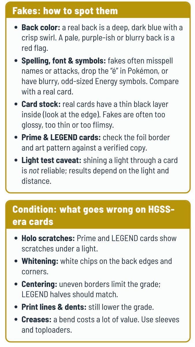 JaeBugzCards's tweet photo. Bonus page: how to spot fake HeartGold SoulSilver cards and what hurts their condition. Prime and LEGEND cards get faked, so check the foil border against a verified copy. Found a "Filp" yet? 🐞

#PokemonTCG #PokeParents https://t.co/3hCLyFUXgy