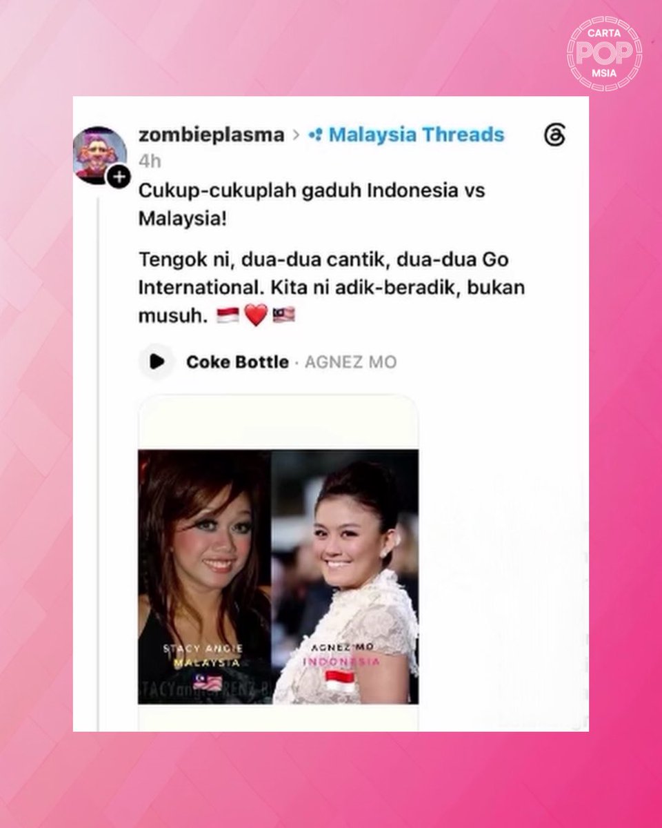 cartapop's tweet photo. Stacy Anam claps back at a now-deleted post from Indonesian user on Threads comparing her old photo with Agnes Monica (AGNEZ MO) in a mocking tone.

“..bandinglah dengan yang sesuai latar belakangnya….tetap saya bangga dan bersyukur kerana datangnya dari malaysia….” https://t.co/s9RTZjl8CC