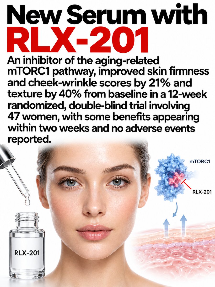 Dr_Singularity's tweet photo. very cool anti aging news

like I said before, we will all be looking good soon (regardles of your age)

here's a small hint of what's coming  (skin related)

you may be 40-80, but your skin will look like you're in your 20s. This is coming, very likely before other organs rejuvenation.

A skin serum targeting an aging pathway just delivered promising results in humans.

Researchers tested RLX-201 in a randomized, double blind study involving 47 women with sun damaged facial skin. Participants applied either the active serum or the same base formula without RLX-201 twice daily for 12 weeks.

Here’s what the researchers reported for the active serum compared with participants’ starting scores:
- 21% improvement in firmness and cheek wrinkles
- 40% improvement in skin texture
- 39% improvement in radiance
- 14% improvement in sagging, elasticity around the eyes and skin tone

Some benefits appeared within 2 weeks, and no adverse events were reported during the trial. 

The interesting part is the biology: RLX-201 targets mTORC1, a pathway involved in cellular growth, maintenance and aging. 

In separate lab grown human skin experiments, it reduced a marker of that pathway’s activity by roughly 92%, that measurement wasn’t taken from the trial participants.

Very encouraging step toward treatments that target skin aging biology.