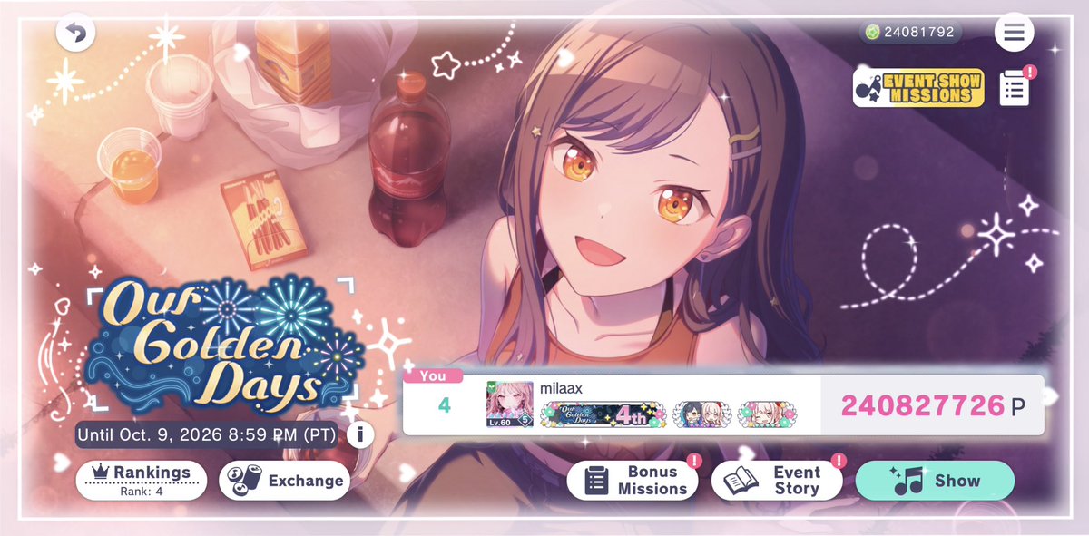 mr5mizuk's tweet photo. Our Golden Days T4 - 240,827,726🎇

After a year of preparation, I’ve finally achieved this dream tier of mine! This event means a lot to me, and I can’t believe that it has now come to an end. Thank you all for your support, I couldn’t have done this without you ~\(≧▽≦)/~🤍 https://t.co/zokskiwBqq
