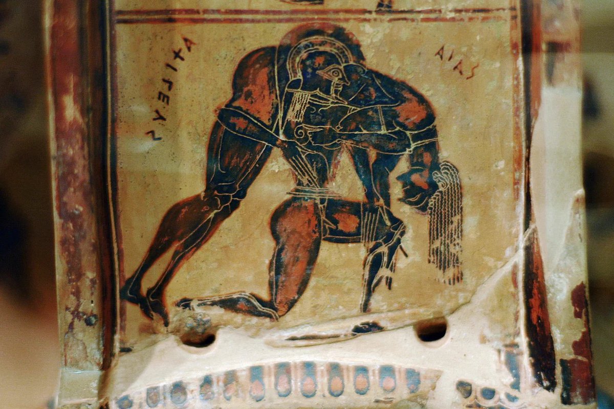 histories_arch's tweet photo. Ajax the Great (Telamonian Ajax) was a towering Greek mythological hero and prince of Salamis who fought in the Trojan War. He was second only to his cousin Achilles in strength and bravery among the Greek forces. Described in Homer's Iliad as massive and broad-shouldered, fighting with a giant seven-hide bronze shield and an immovable defensive style. After Achilles died, Ajax competed against Odysseus for Achilles' divine armor. When the armor was awarded to Odysseus for his cleverness, a humiliated Ajax suffered a fit of temporary madness (induced by the goddess Athena) and slaughtered livestock thinking they were his enemies. Recovering his sanity and overwhelmed by shame, he killed himself using the sword Hector had once gifted him...

For years, the Greeks have fought beneath the walls of Troy. They crossed the sea after Paris carried Helen, wife of King Menelaus, from Sparta to his city. Now, ten years later, the war has taken its greatest warrior. Achilles lies dead, and Ajax lifts his body from the bloodied field.

Around them, the battle still rages. But for a moment, everything narrows to this: one man bearing another, glory reduced to weight.

Achilles had known what the war would cost him. His mother, Thetis, had told him he faced two fates: he could stay home, live a long life, and be forgotten—or go to Troy, win undying glory, and die young.

He chose Troy.

After withdrawing from the fighting, Achilles returned to avenge his friend Patroclus. He killed Hector, Troy’s greatest defender. But victory could not save him. Paris struck Achilles down with Apollo’s aid.

Now he is carried.

Ajax, the strongest of the Greeks, does not weep. He does not falter. He simply endures, his strength no longer a weapon, but a duty. In him is something quieter than Achilles’ fire, but no less heroic: loyalty that does not break.

The ancient artist who painted this scene on a great krater nearly 2,600 years ago did not need to explain it. He understood what the poets knew.

Glory fades. Strength fails. Even the greatest fall. But something remains: the man who carries his brother-in-arms from the field.

#archaeohistories