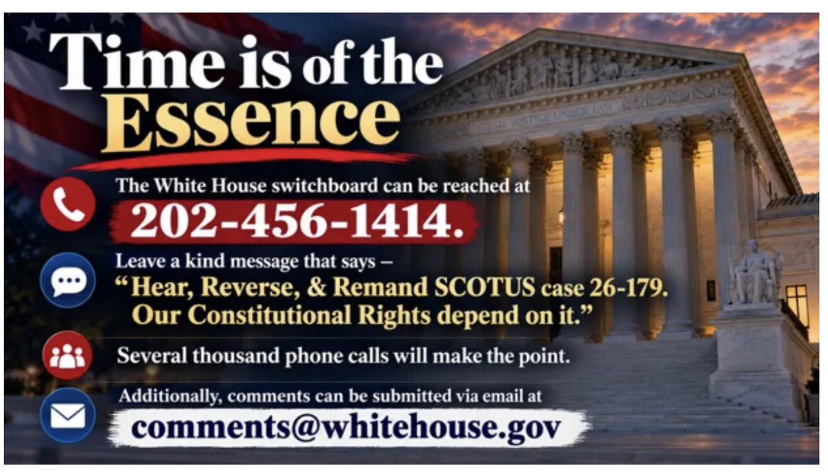 Juliedonuts's tweet photo. Guys! PLEASE SHARE THIS TOO…

This is EXTREMELY URGENT‼️

🚨 PROPERTY TAXES & SCHOOL BOND FRAUD LAWSUIT — SCOTUS JUST REFUSED TO HEAR IT. WE MUST ACT NOW TO END THIS!

On Oct 5, 2026, the Supreme Court DENIED CERT in No. 26-179 with NO explanation and NO merits ruling. The Court left the core constitutional claims completely unadjudicated: systemic property overvaluation → illegal over-taxation → an estimated $5.1 TRILLION in school-district bond exposure resting on a fraudulent tax base.
Denial of cert is only a refusal of discretionary review. It does NOT say the claims are wrong or the conduct is lawful. It simply leaves citizens with no court willing to decide the merits.
Formal notice has already been sent to the President demanding independent Executive review (including under 18 U.S.C. §§ 241 & 242), record preservation, and investigation of the constitutional and public-finance risks. The debt and taxes keep compounding while courts stay silent.

THE CONSTITUTION CANNOT PROTECT CITIZENS IF NO COURT WILL ADJUDICATE THEIR CLAIMS.

📞 Call the White House NOW: 202-456-1111 (comments) or 202-456-1414 (switchboard)

✉️ Submit your demand at: https://t.co/AgHl4dw3bX

Time is of the essence. Demand review and action before this $5.1T school-bond fraud destroys more American homeowners.

Thank you to Mitch Vexler for all of his hard work to ERADICATE PROPERTY TAXES‼️
